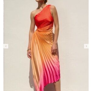 Dress Forum | One-Shoulder Ombre Pleated Midi Dress in Red, Orange, Pink